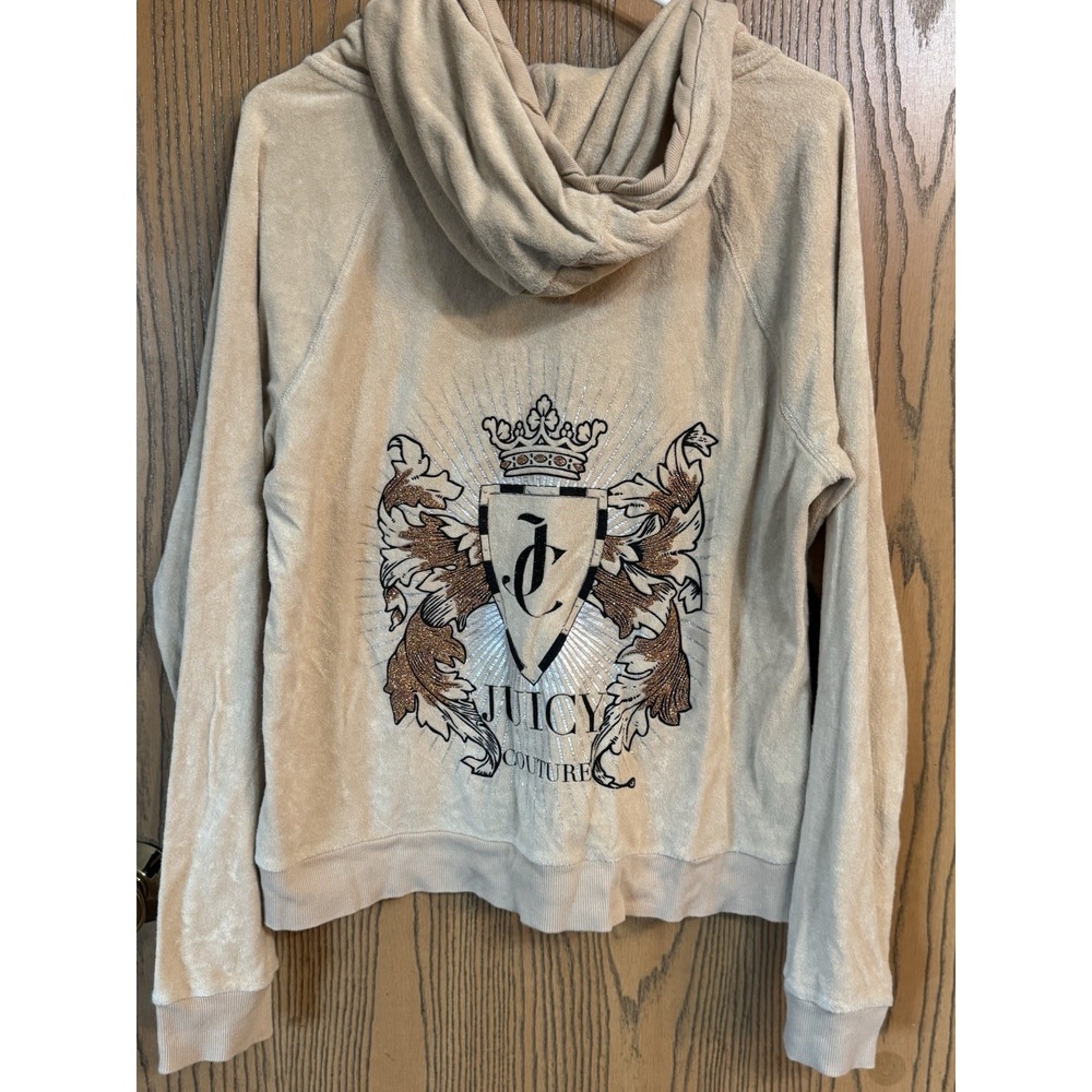 Juicy Couture Womens Full Zip Hoodie Jacket SetSz L Beige Pockets Pant Capris